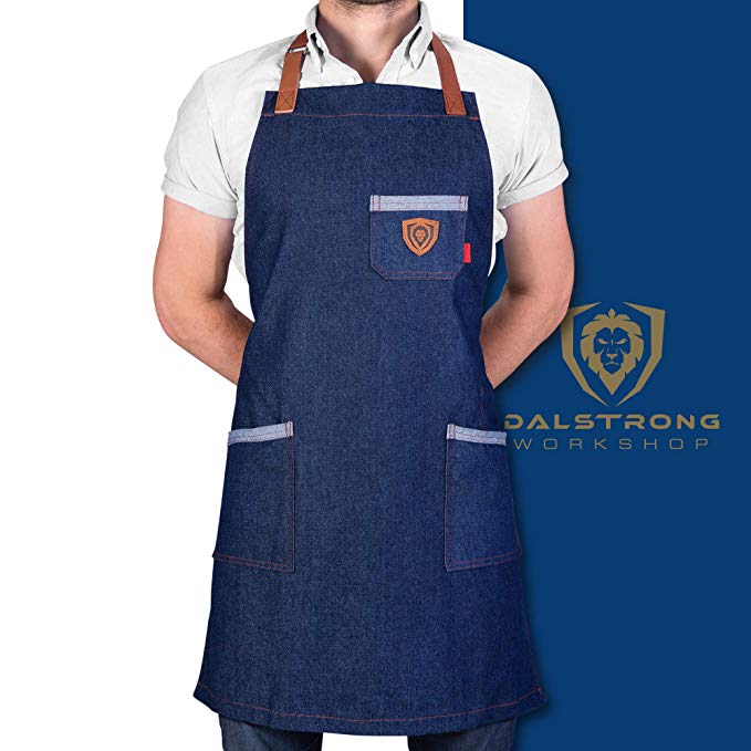 Dalstrong Professional Chef's Kitchen Apron - American Legend - 100% Cotton Blue Denim - 4 Storage Pockets - Liquid Repellent Coating - Genuine Leather Accents - Adjustable Straps