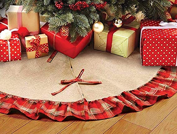 OLYPHAN Burlap Tree Skirt for Christmas Rustic Large Country Natural Brown Skirts & Red Plaid Trim Farmhouse Xmas Holiday Decorations 30 Inch Round Diameter