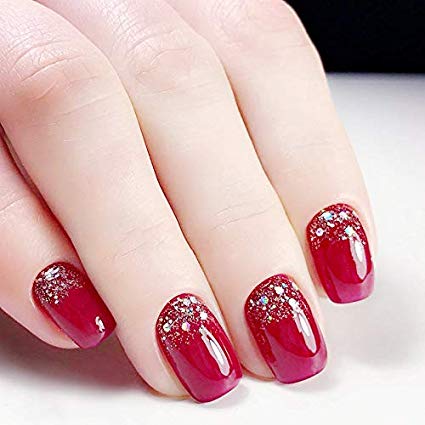 24 Pcs Set Wine Red Chic Glitter Bling Short Press On Nails Artifical Nail Tips with Glue and Adhesive Tab