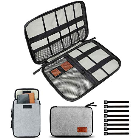 Travel Cable Organizer Bag, Small Electronics Accessories Carry Cases Portable Cord Organizer Bag for Cable, Charger, Phone, USB, SD Card,with 8pcs Cable Ties (Gray)