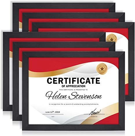 Icona Bay 8.5x11 (22x28 cm) Certificate Frame Set (Black, 6 Pack), Simple Modern 8.5 x 11 Document Frames, Table Top Kickstand and Wall Hanging Hooks Included, Impresia Collection