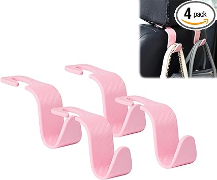 Amooca Car Seat Headrest Hook 4 Pack Hanger Universal Vehicle Car Storage Organizer for Handbag Purse Coat S Type Checkered Pink