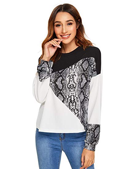 Romwe Women's Casual Snakeskin Patchwork Long Sleeve Sweatshirt