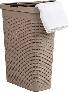 Mind Reader 40L Slim Laundry Hamper, Clothes Basket, Lid, Wicker Design, Plastic, 18"L x 10.4"W x 23.5"H, Tan