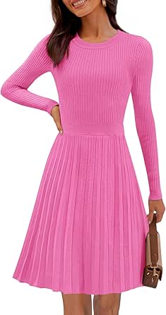 MEROKEETY Women's 2024 Long Sleeve Mini Sweater Dress Crewneck Ribbed Knit A Line Pleated Swing Short Dresses at Amazon Women’s Clothing store