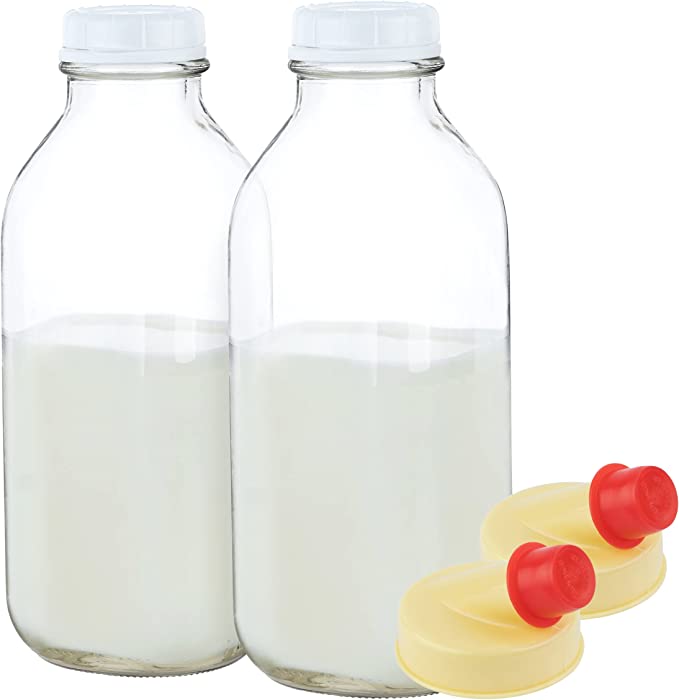 Kitchentoolz 33 Oz Square Glass Milk Bottles with Lids, Perfect Glass Milk Container for Refrigerator - 1 Liter (33 Ounce) Glass Milk Jugs with Tamper Proof Lid and Pour Spout - Pack of 2