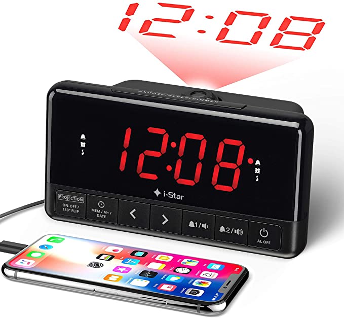 Projection Alarm Clock Radio, Bedside Digital LED Projector Alarm Clock Non Ticking with USB Charger for Bedroom - Mains Powered with Battery Backup