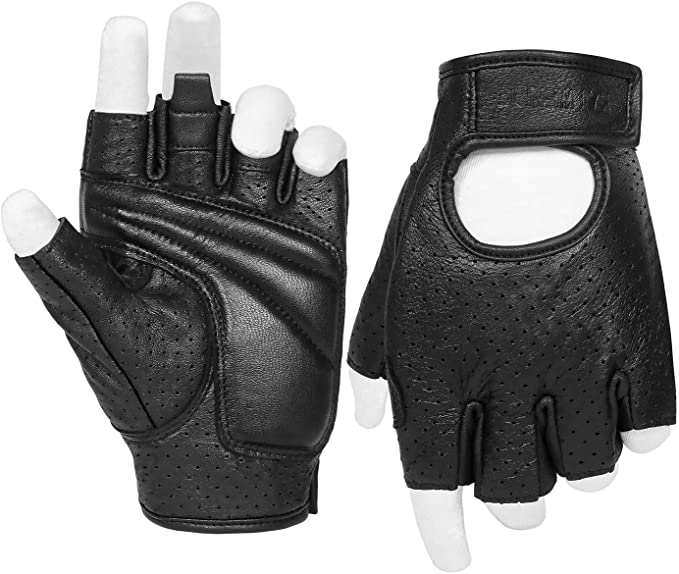 Half Finger Men's Motorcycle Gloves Gel Padded Fingerless Leather Motorbike Gloves (Black, Medium)