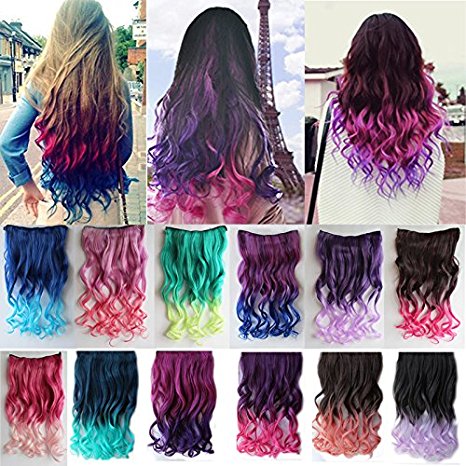 ACELIST® New Two Tone One Piece Long Synthetic Thick Hair Extensions Curl/Curly/Wavy Clip-on Hairpieces 13 Colors (Dark Green to Green #8)
