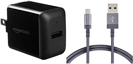 AmazonBasics One-Port USB Wall Charger for Phone, iPad, and Tablet, 2.4 Amp, Black Bundle with AmazonBasics Nylon Braided Lightning to USB A Cable, MFi Certified iPhone Charger, Dark Grey, 3-Foot