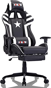 Video Game Chair Office Chair with Massage Lumbar Support and Adjustable armrest, High Back Adjustable Swivel Gaming Chair with Footrest (White-1)