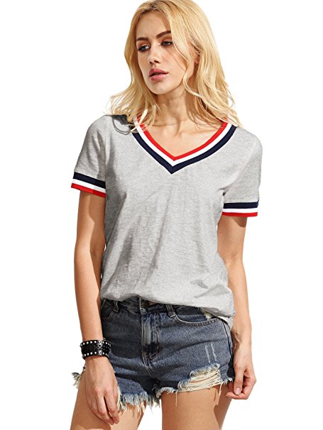 Romwe Women's Casual Short Sleeve Cute T-Shirt V Neck Summer Cotton Tops