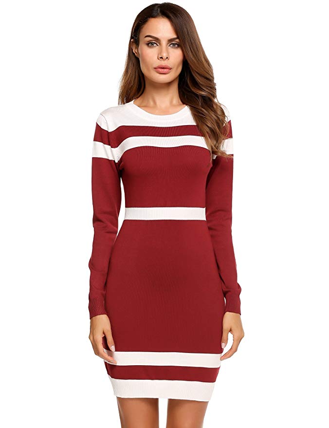 Beyove Women's Colorblock Striped Long Sleeve Cotton Knit Sweater Bodycon Dress