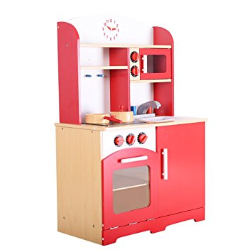 Giantex Wood Kitchen Play Set For Kids Cooking Pretend Toddler Playset, Red