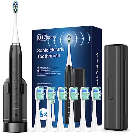 Electric Toothbrush for Adults and Kids - Sonic Toothbrushes Rechargeable Electric Toothbrushes with 6 Brush Heads, 5 Cleaning Modes, Travel Case (Black)