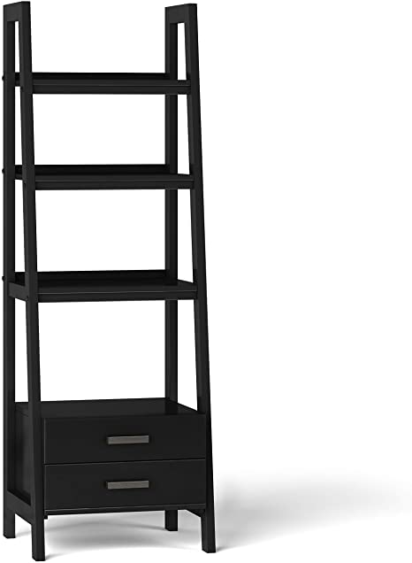 Simpli Home Sawhorse SOLID WOOD 72 inch x 24 inch Modern Industrial Ladder Shelf with Storage in Black, Small Parcel