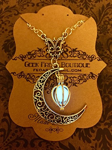Sailor Moon Style Silver Crescent Moon with Glow In The Dark Caged Essence Steampunk Cosplay Costume Pendant Necklace, Sailor Scout Charm