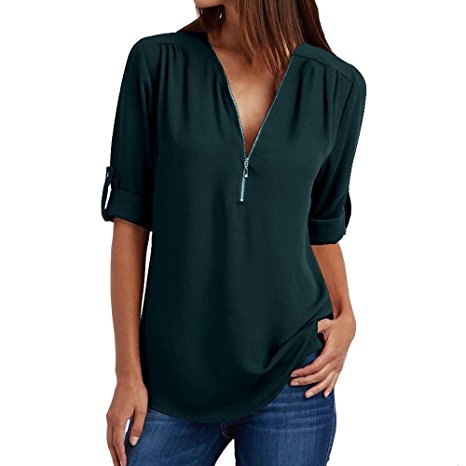 LINGMIN Women V Neck Plus Size Chiffon Blouse Shirts with Half-Zip up in The Front