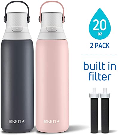 Brita 20 Ounce Premium Double Wall Insulated Stainless Steel Filtering Water Bottles, 2 Pack, Carbon Black/Rose