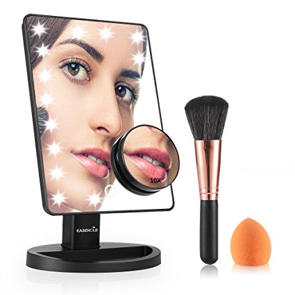 Easehold Lighted Makeup Vanity Mirror with 10X Magnification Mirror Bonus Beauty Brush and Sponge Set (Black)