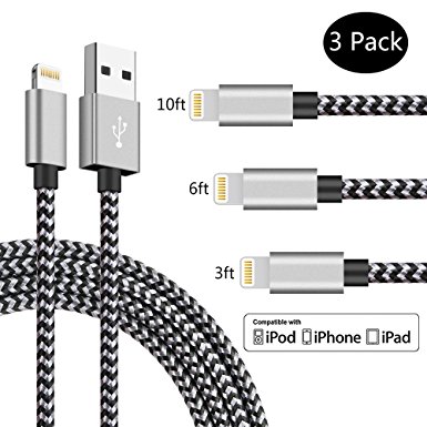 SPEATE,iphone Charger Cables 3PCS 3FT 6FT 10FT Nylon Braided Lightning USB Cable Cord Charger Compatible with iPhone X iPhone 8 8 Plus 7 7 Plus 6 6s 6 Plus, iPhone 5 5s,iPad, iPod (Black Gray)