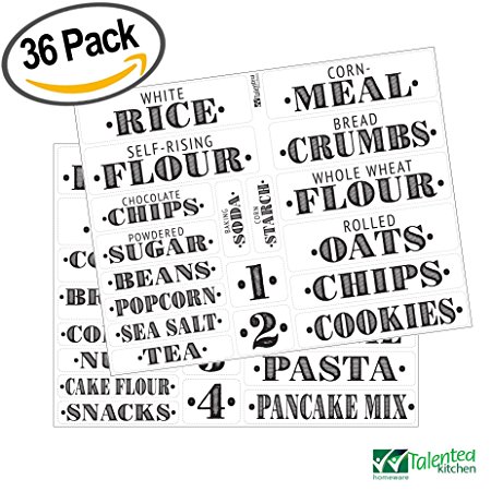 Kitchen Pantry Food Organization Clear PVC Gloss Labels by Talented Kitchen. 36 Preprinted Water Resistant Label Set to Organize your Kitchen Cabinet (Set of 36 - Titles)