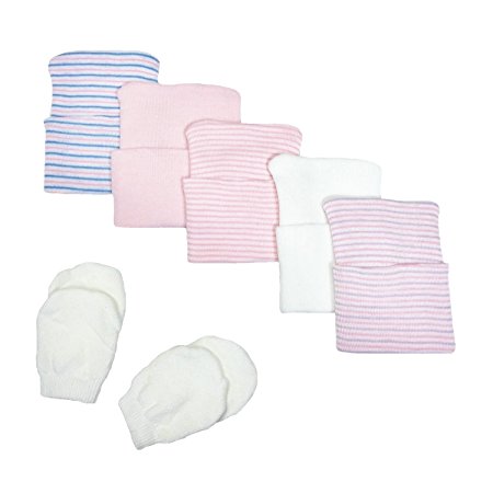5 Piece Hospital Hat & Mitten Set for Newborn Baby (Girl) by Nurses Choice