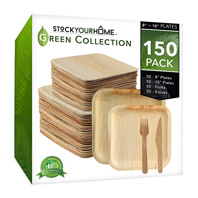 Stock Your Home Compostable Eco Friendly Bamboo Like Palm Leaf Plates and Cutlery Set, 25 Square 10 Inch Plates, 25 Square 8 Inch Plates, 50 Wooden Forks, 50 Wooden Knives, 150 Pieces