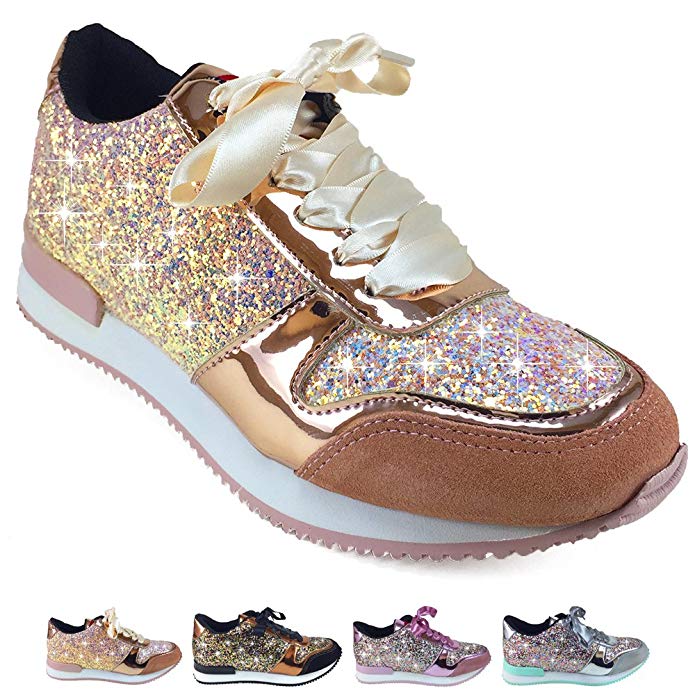 Barcelonetta Women | Glitter Fashion Sneakers | Sparkle Tennis Shoes Gold
