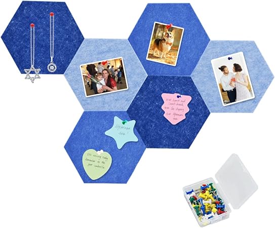 Vuzvuv 6 Pcs Blue Hexagon Cork Board Bar Strips with 50 Pushpins & Sticky Notes, Self-Adhesive Bulletin Board Strips No Damage for Wall, Felt Pin Board for Paste Notes, Photos, Schedules Offices Home