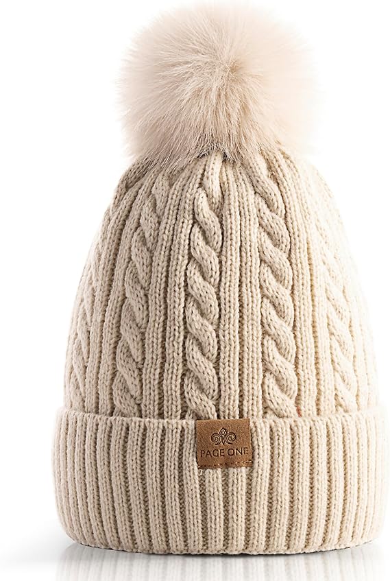 PAGE ONE Women Winter Pom Pom Beanie Hats Warm Fleece Lined,Chunky Trendy Cute Chenille Knit Twist Cap