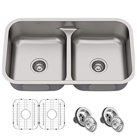 KRAUS KBU32 Premier 32-inch 16 Gauge Undermount 50/50 Double Bowl Kitchen Sink with Smart Low Divider