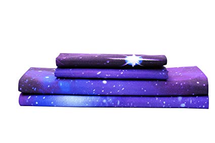 Bedlifes Galaxy Sheets Outer Space 3D Sheet Set Galaxy Theme Bedding sets 4PCS Bed Sheet& Fitted Sheet with 2 Pillowcases Purple King