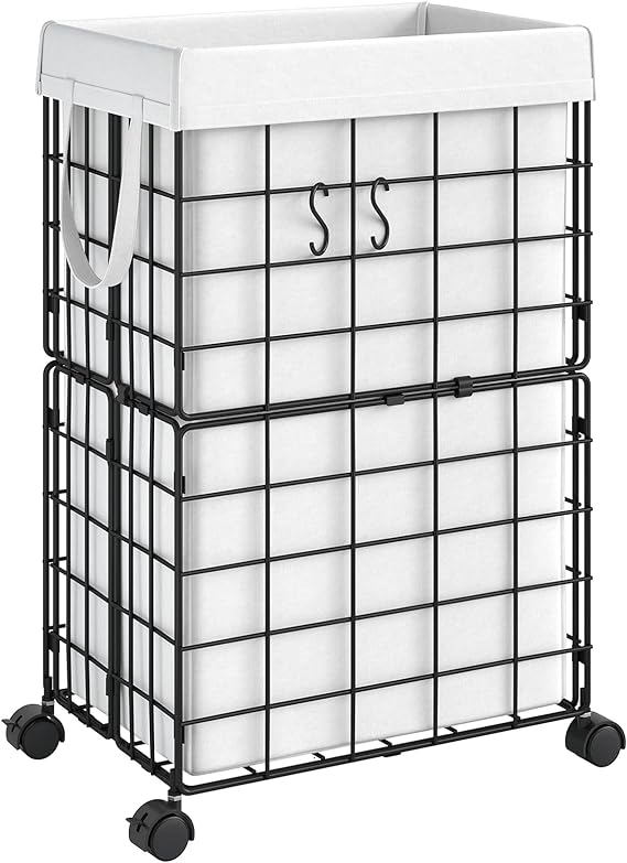 ELYKEN Laundry Hamper with Wheels, Durable Metal Wire Frame with Removable 70L/18.8Gal Capacity Inner Bag, Rolling Laundry Basket with Washable Liner Bag for Bathroom, White