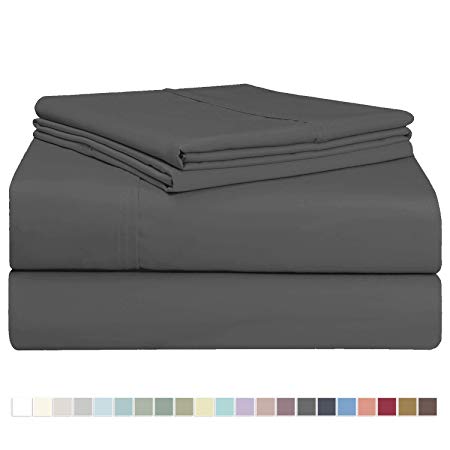 Pizuna 400 Thread Count King Size Bed Sheets Set Cotton Dark Grey, 100% Long Staple Cotton 4 Piece King Bed Set, Soft Sateen Sheets Deep Pocket Fit Upto 15 inch(100% Cotton Sheets King Dark Gray)