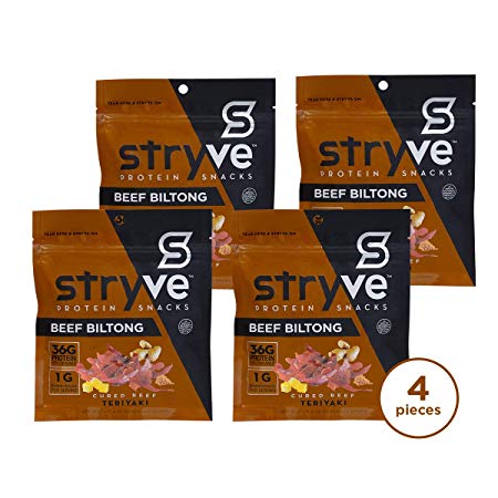 Stryve Teriyaki Beef Biltong | Keto Meat Snack | 16g Protein | Low Carb No Fat Low Sugar | 4 Pack, 2.25 Ounce Bags