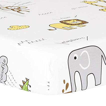 TILLYOU Ultra Soft Animals Crib Sheets Fitted, 100% Egyptian Cotton Toddler Sheets for Baby Boys Girls, Elephant Lions Giraffe Prints, Breathable Hypoallergenic Comfy, 28"x 52", Animals Party (White)