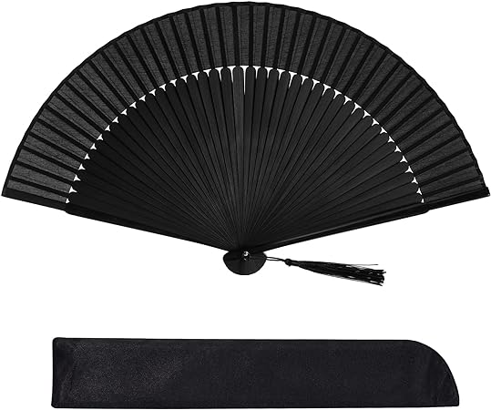 Wobe Hand Held Bamboo Silk Folding Fan, Chinese Japanese Handheld Fan with Tassel Wooden Charming Elegant Vintage Retro Style for Women Ladys Girls Dance Party Home Decorations (Black)