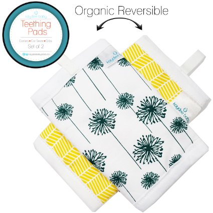 Kaydee Baby Organic Cotton Reversible Teething, Drool & Dribble, Chew Pads w/ Organic Fleece Inner Lining for Baby Carriers for Girls and Boys (Dandelions) - 2 Pack