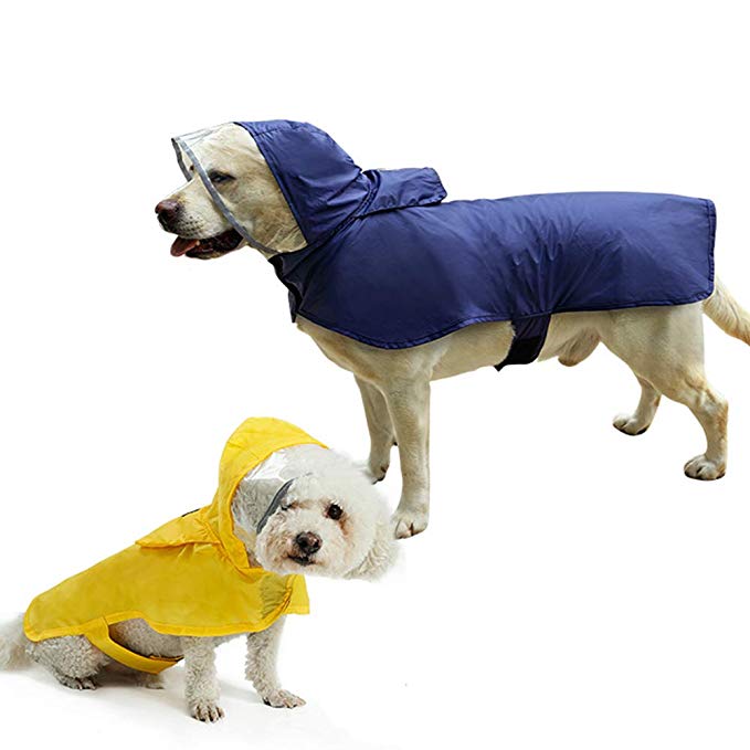 Petneces Dog Raincoat Slicker Poncho, Pet Packable Lightweight Raincoat Puppy Waterproof Coat with Transparent Hood (Back Length:13", Blue)