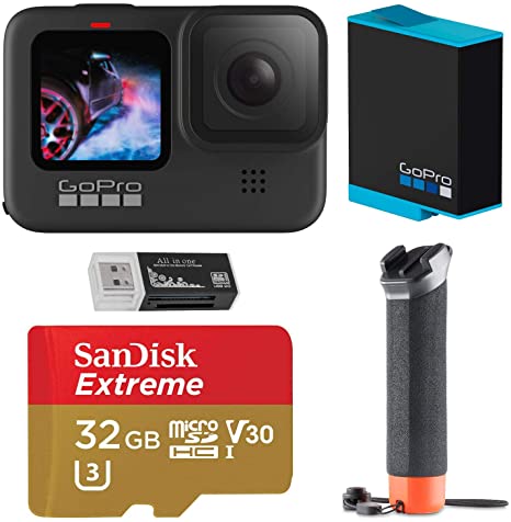 GoPro HERO9 Black, Waterproof Action Camera, 5K/4K Video, Starter Bundle with Extra Battery, Floating Hand Grip, 32GB microSD Card, Card Reader