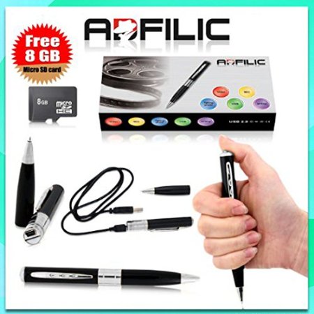 1 Best Spy Pen Camera and Premium Tiny DVR - 8GB micro SD card Included - Modern DV Recorder that supports up to 16gb SD card - Mini Pinhole in Cam - Secret Agent Gadget - Hidden Camera - Smallest Professional Digital Video Camcorder HD - Pencam - Small Black and Gold Color Ballpoint Pen