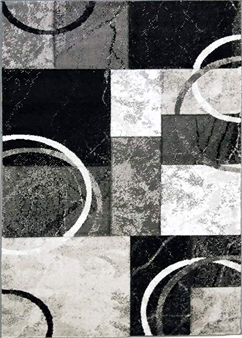 ADGO Atlantic Collection Modern Contemporary Abstract Geometric Circles Squares Swirls Living Dining Room Area Rug (6' x 9', AK14 - Black Grey)