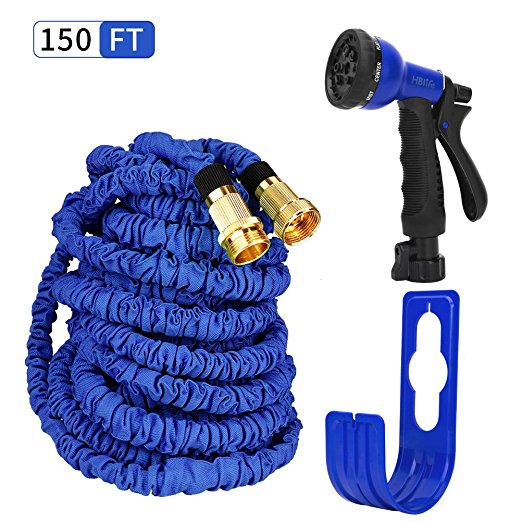 HBlife 150 ft Expandable Lawn Garden Water Hose with 8 Spray Pattern Nozzle - Triple Latex Core, Solid Metal Ends