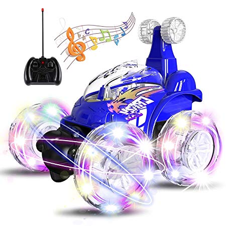 UTTORA Remote Control Car, RC Stunt Truck Invincible Tornado Twister Remote Control Rechargeable Motor Vehicle with Colorful Lights & Music Switch for Kids (Blue)