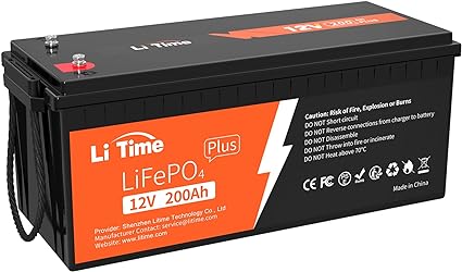 LiTime LiFePO4 200Ah Plus 12V Lithium Batterie Eingebautes 200A BMS, Max.15000 Deep Cycles Zyklen und 2560W Ausgangsleistung, 10 Jahre Lebensdauer, Perfekt für Wohnmobil, Solaranlage, Marine