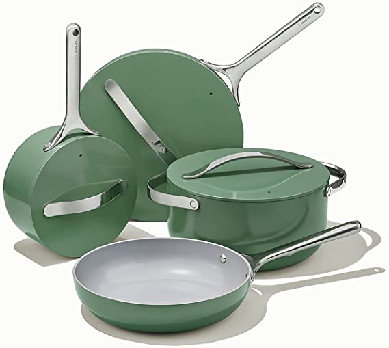 Caraway Nonstick Ceramic Cookware Set (12 Piece) Pots, Pans, Lids and Kitchen Storage - Non Toxic, PTFE & PFOA Free - Oven Safe & Compatible with All Stovetops (Gas, Electric & Induction) - Sage