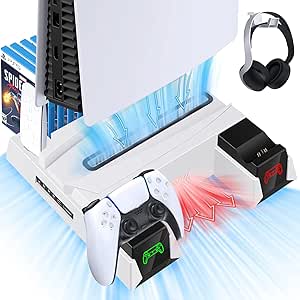 ASUNCELL PS5 Stand Suction Cooling Station with AC Adapter Dual Controller Charging Station for Playstation 5 PS5 Cooling Fan Stand PS5 Controller Charger Accessories -Included Cable, Headphone Hook