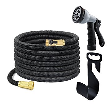 Expanding Garden Hose with Hanger,Kamlif Expandable Garden Hoses With Spray Nozzle,Strongest TPS,Solid Brass Connector Fitting ( 3/4 Inch By 50 Feet,Black )