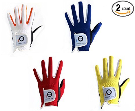 Finger Ten 2018 Junior kids Youth Toddler Boys Girls Dura Feel White Blue Red Yellow Left Hand Right Hand Golf Gloves Extra Value 2 Pack (Age 2-10 Years Old)